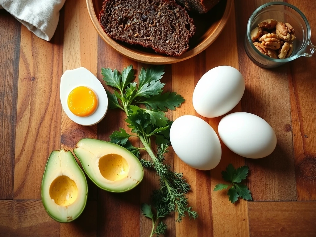 Zdjęcie składników na śniadanie: jajka, awokado, pieczywo razowe